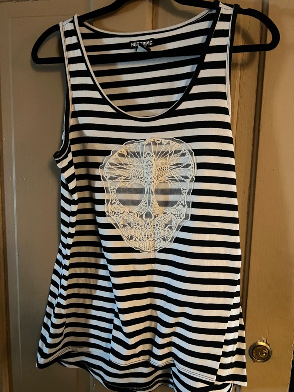 Hot Topic Black & White Striped Tank with Lace Skull Appliqué